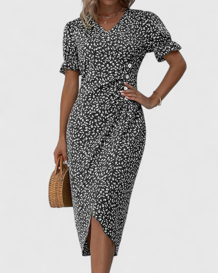 Floral Midi Dress Wrap Style Short Sleeve Summer Dress