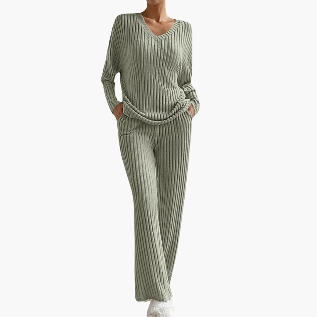 Lucienne | Women's Ribbed V Neck Sweater Wide Leg Pants Set