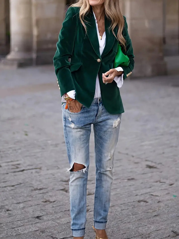 Peak Lapel Gold Button Cuff Single Breast Velvet Blazer