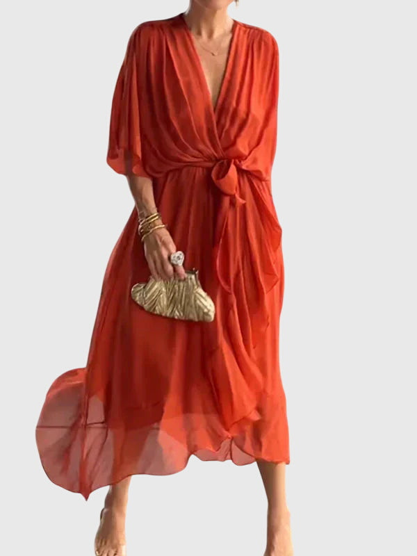 V Neck Belted Wrap Midi Dress Flowy Fit