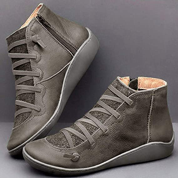 Cross Lace Side Zip Flat Sole Leather Casual Ankle Boot