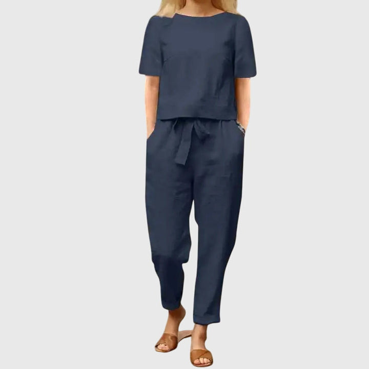 Cotton Linen Crop Top Tapered Trouser Set Women