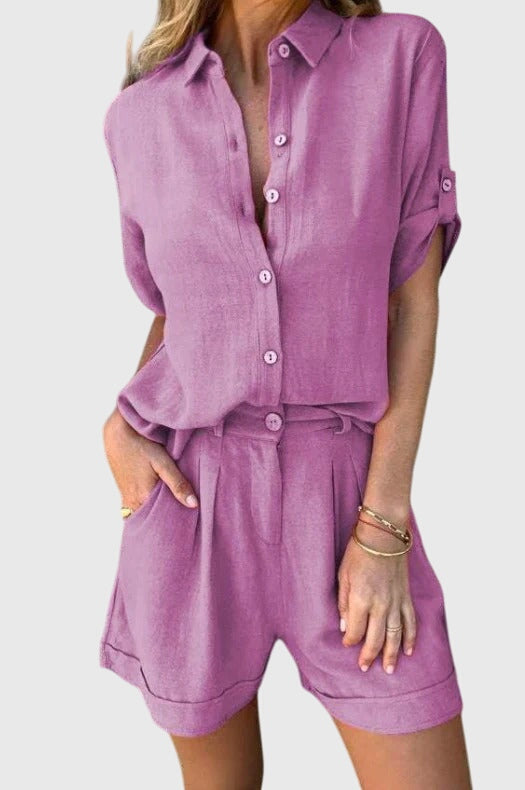 Linen Shirt and High Waisted Short Set Women