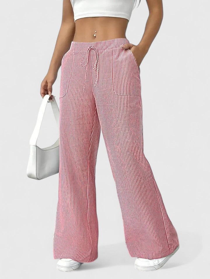 Striped Drawstring Wide Leg Pants Women - Casual Cotton