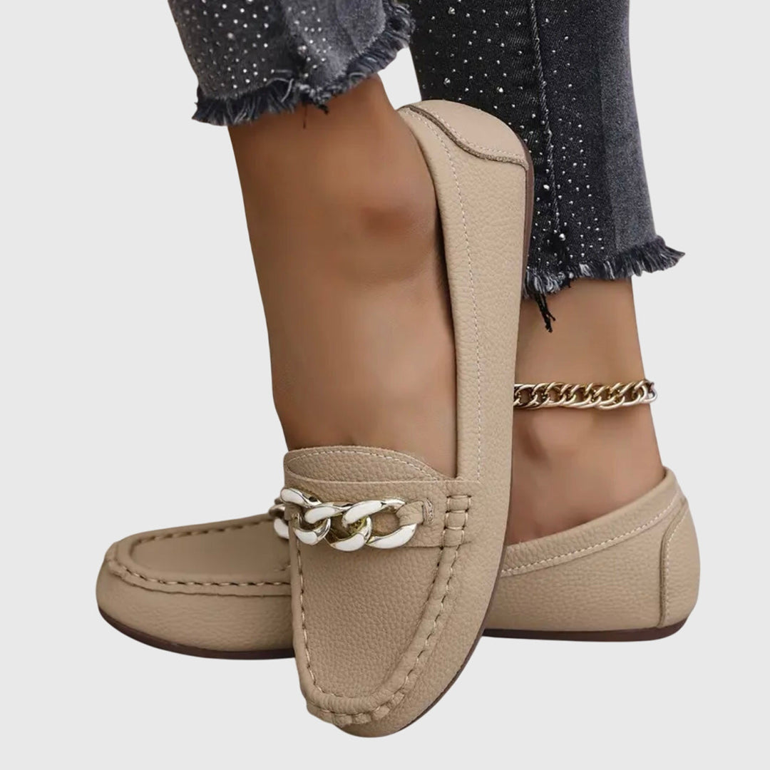 Gold Chain Detail Round Toe Loafers Women