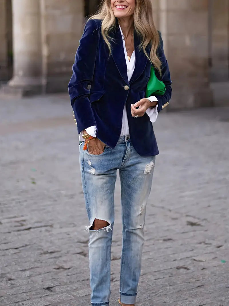 Peak Lapel Gold Button Cuff Single Breast Velvet Blazer