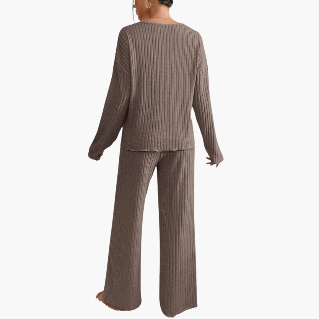 Lucienne | Women's Ribbed V Neck Sweater Wide Leg Pants Set