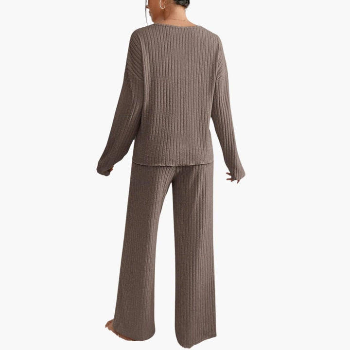 Lucienne | Women's Ribbed V Neck Sweater Wide Leg Pants Set