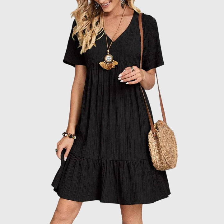 Short Sleeve V Neck Smock Mini Dress