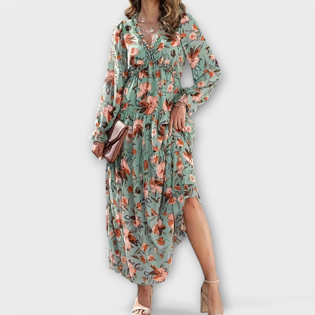 Long Sleeve Floral Maxi Dress Tiered Fit