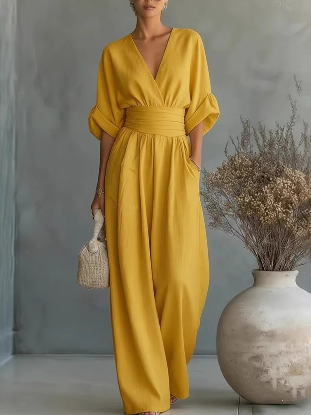 Deep V Neck Balloon Sleeve Wide Waistband Wide Leg Jumpsuit