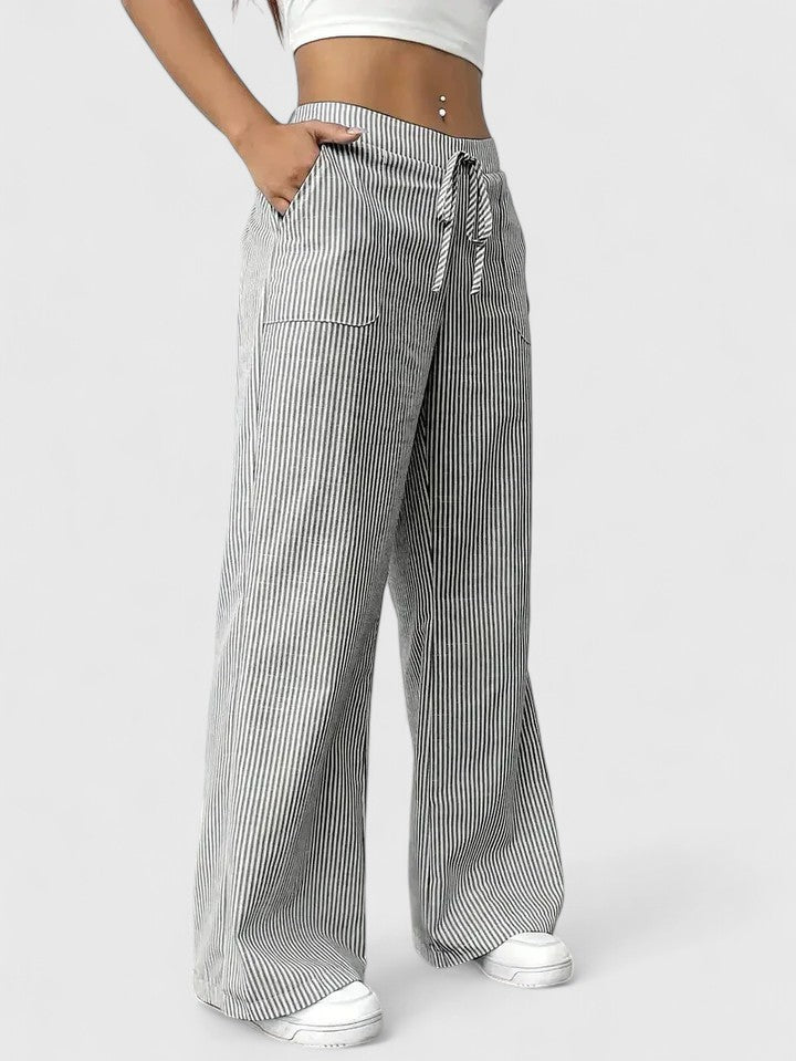 Striped Drawstring Wide Leg Pants Women - Casual Cotton