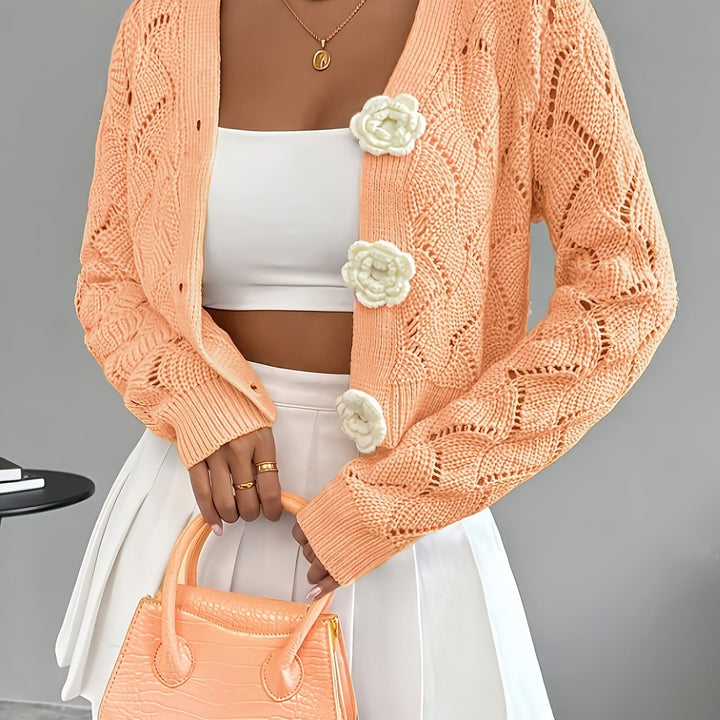 Marigold | Women's Scalloped Crochet Cardigan with 3D Rose Buttons