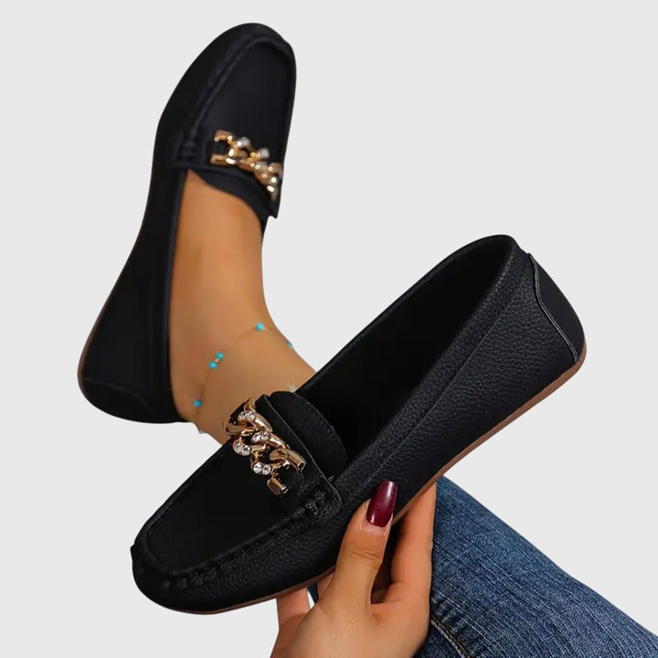 Gold Chain Detail Round Toe Loafers Women
