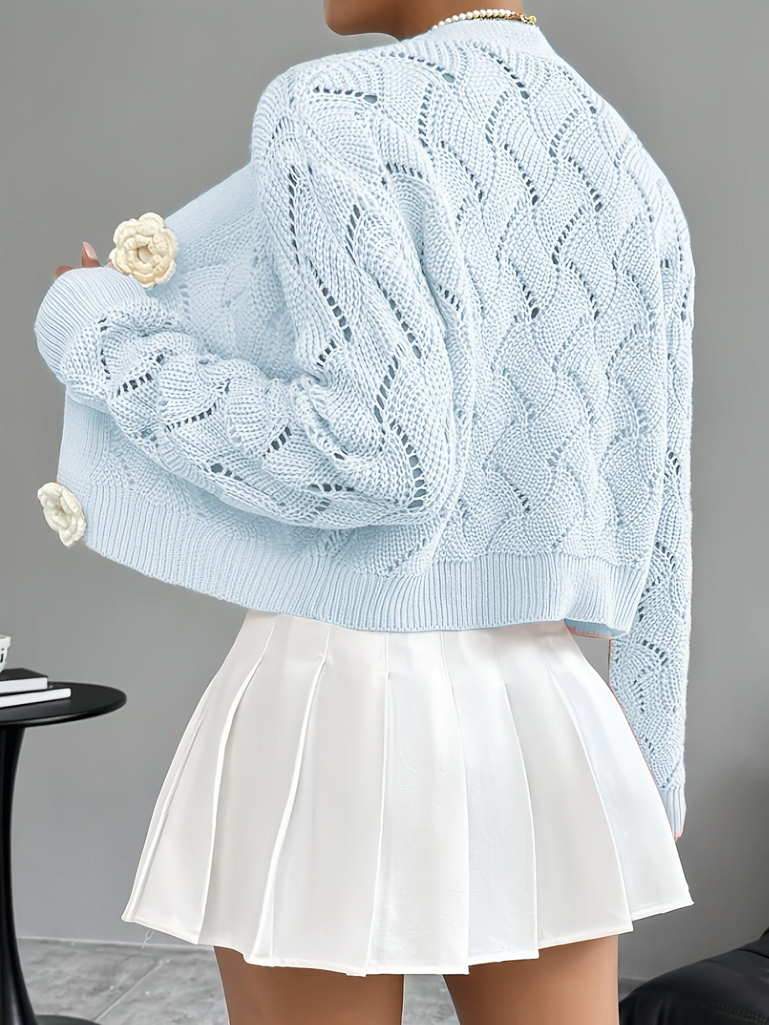 Marigold | Women's Scalloped Crochet Cardigan with 3D Rose Buttons