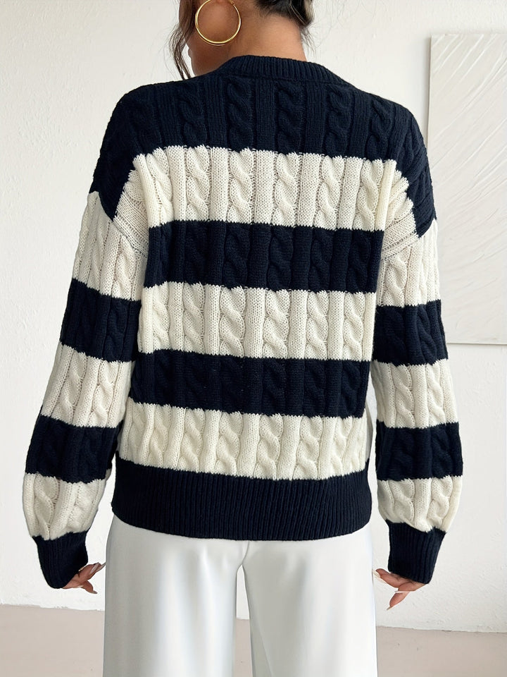 Aurelia | Women's Bold Striped Cable Knit Sweater with Relaxed V-Neck