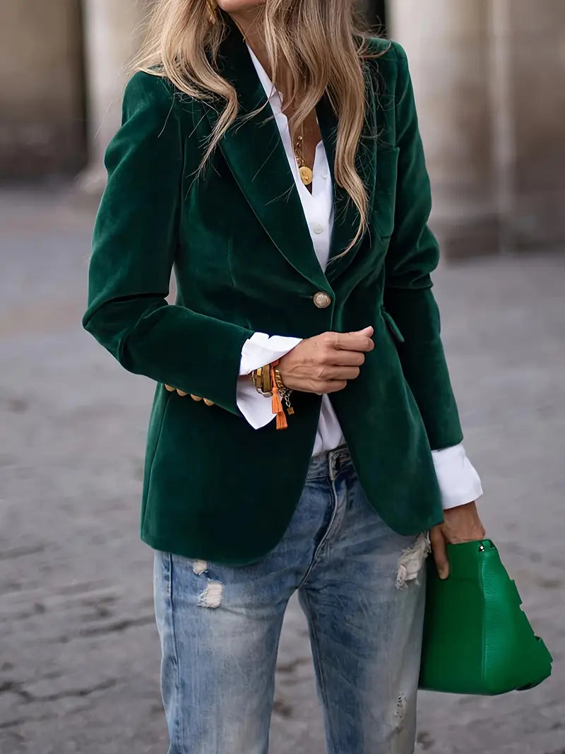 Peak Lapel Gold Button Cuff Single Breast Velvet Blazer