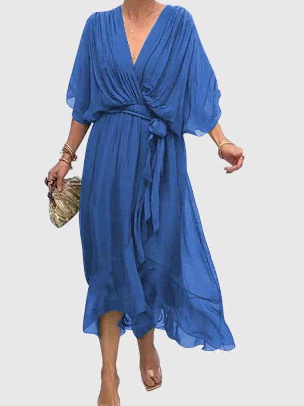 V Neck Belted Wrap Midi Dress Flowy Fit