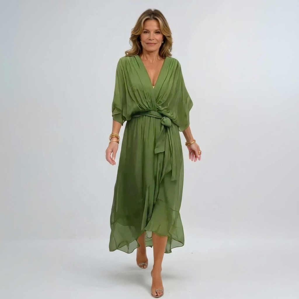 Women's Wrap Midi Dress Chiffon Batwing Sleeve Wedding Guest