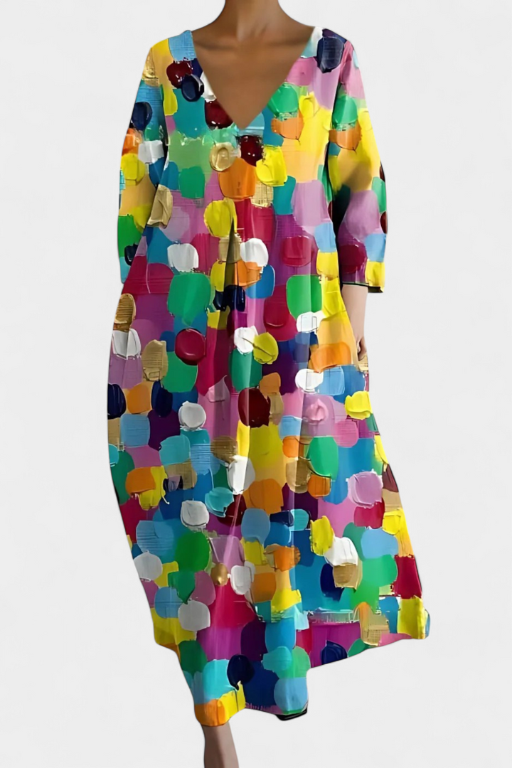 Colourful Abstract Midi Dress Loose Fit Three Quarter Sleeve