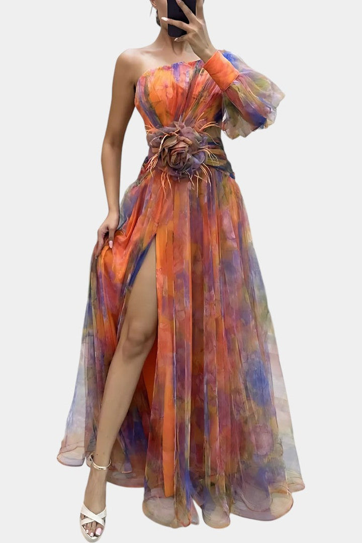 One Shoulder Floral Maxi Dress with High Split