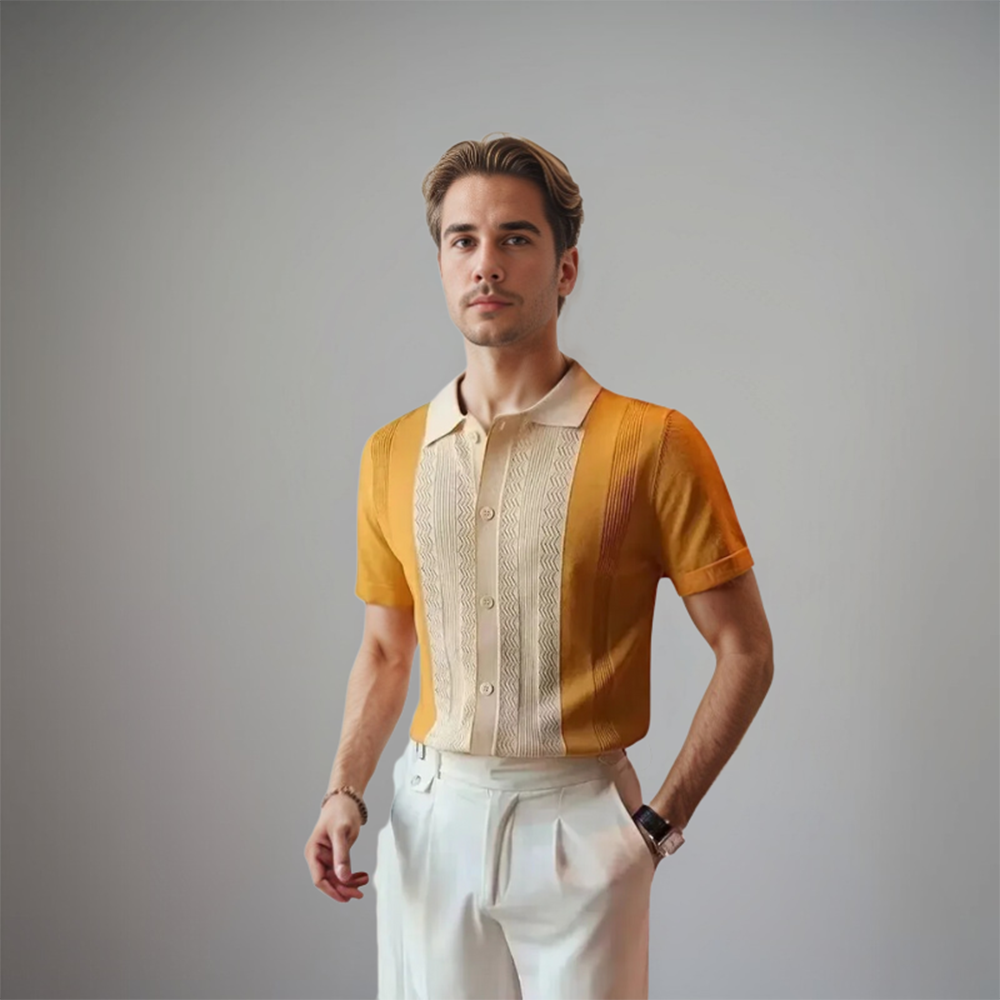 Colorblock Contrast Panel Open Collar Short Sleeve Knit Polo Shirt