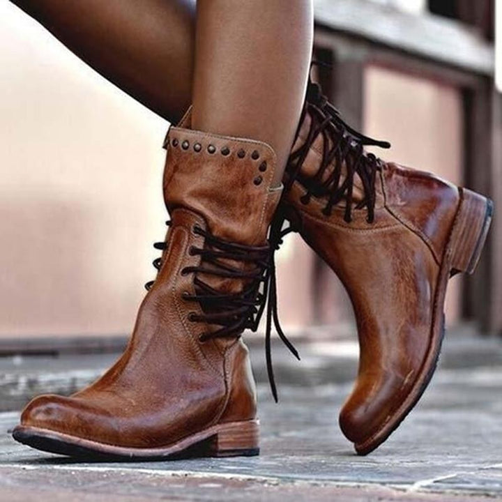 Studded Collar Lace Up Washed Leather Low Heel Ankle Boot