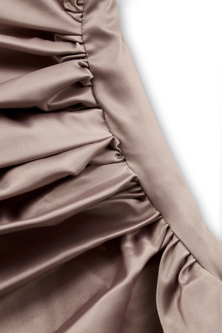 Ruched One Shoulder Satin Maxi Dress - Formal Evening Gown