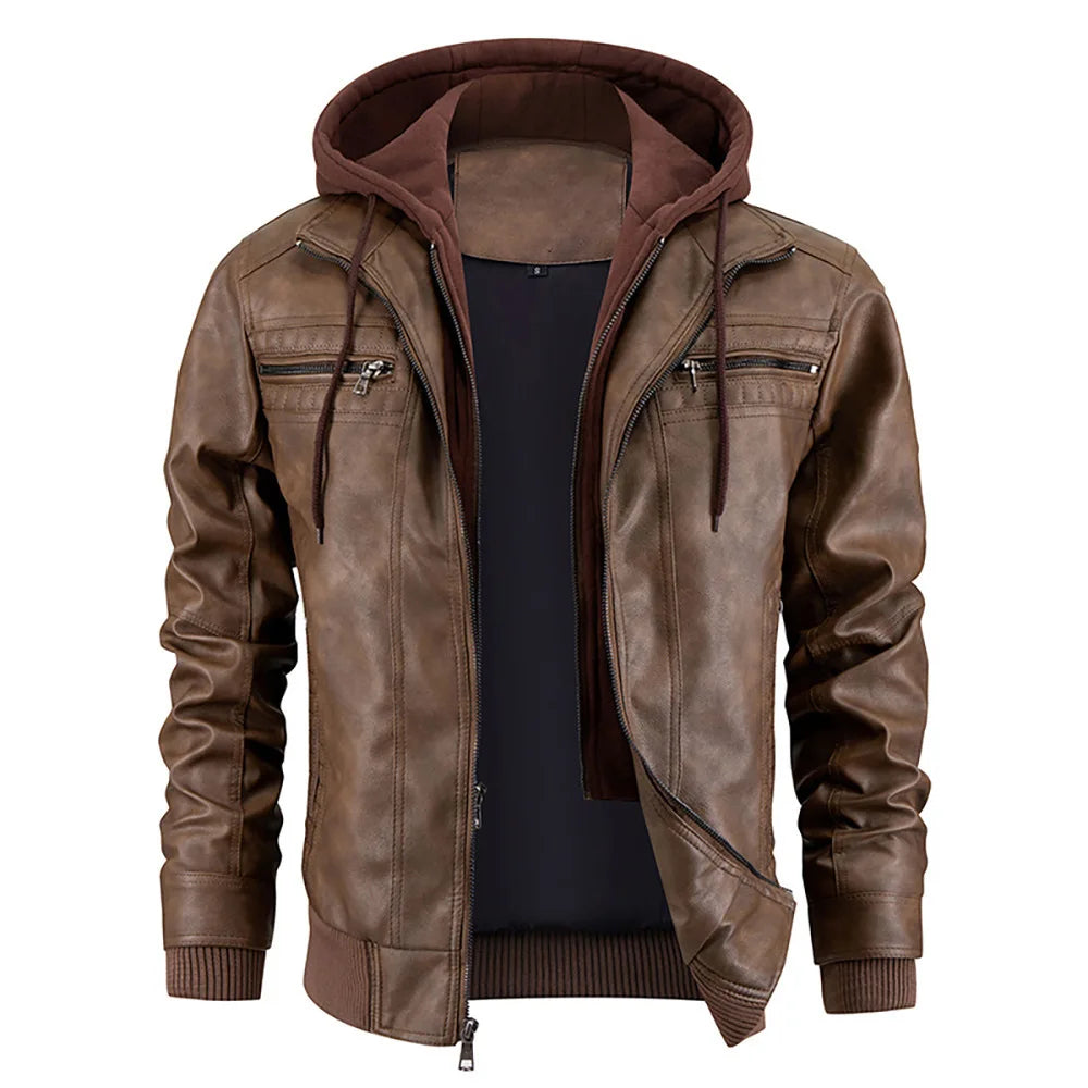 Silas | Men's PU Leather Hooded Jacket with Quilted Panels