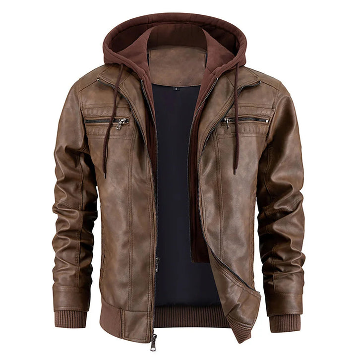 Silas | Men's PU Leather Hooded Jacket with Quilted Panels