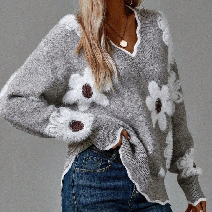 Marguerite | Women's V-Neck Sweater with Fuzzy Daisy Applique