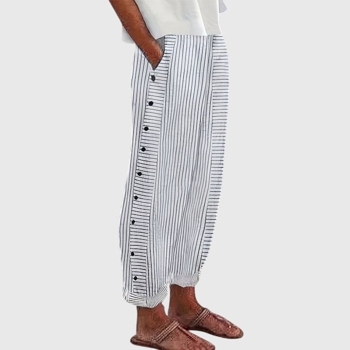 Striped Button Side Linen Casual Pants Women - Relaxed Fit