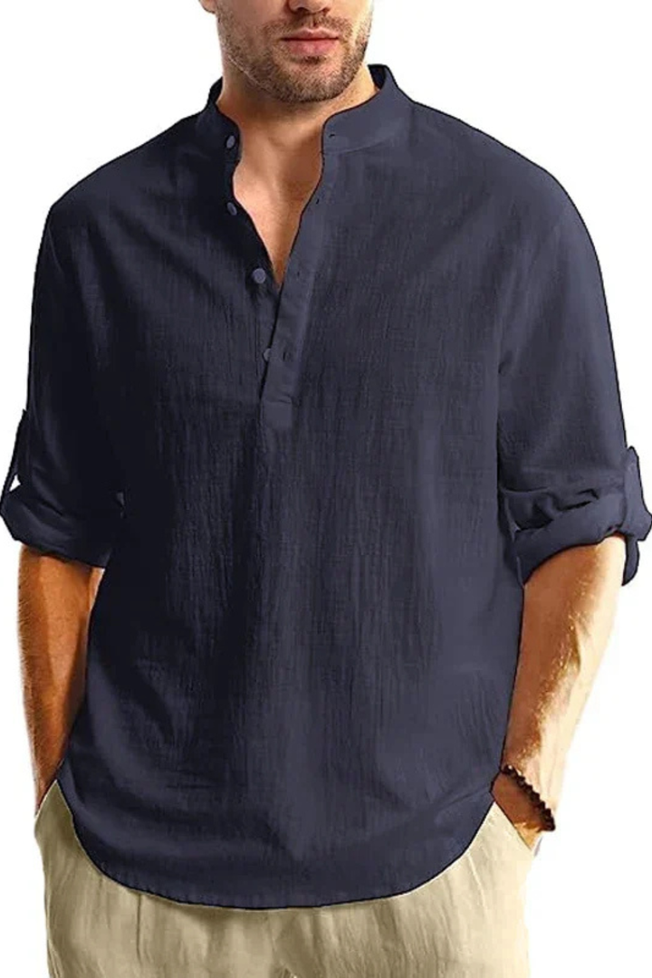 Band Collar Roll Sleeve Popover Casual Linen Shirt