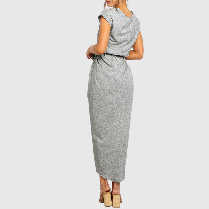 Cap Sleeve Belted Casual Midi Dress Side Split