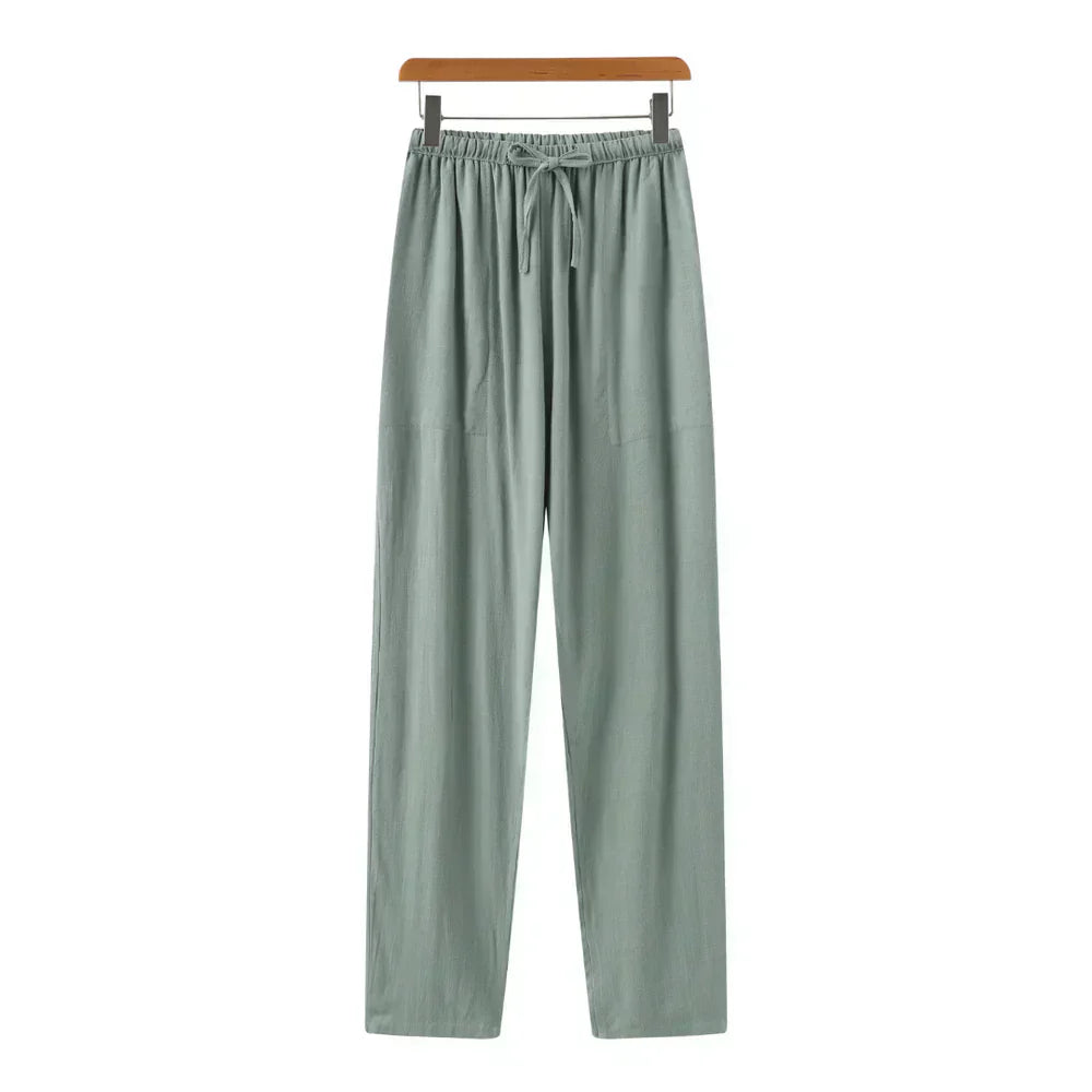Drawstring Straight Leg Linen Trousers - Relaxed Casual Fit