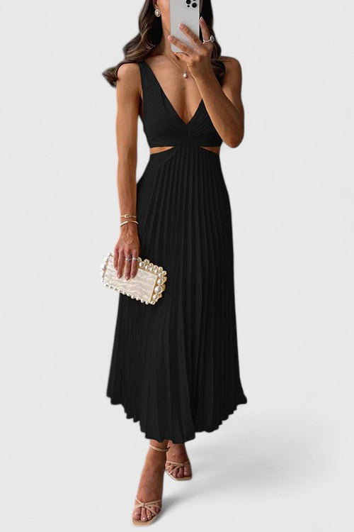 Elegant Strappy Pleated Midi Dress Cut Out Waist