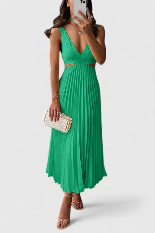Elegant Strappy Pleated Midi Dress Cut Out Waist