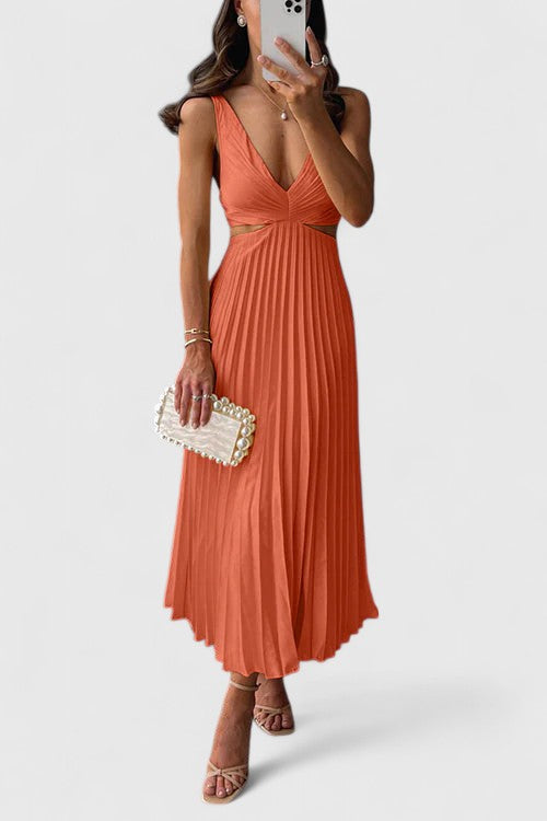 Elegant Strappy Pleated Midi Dress Cut Out Waist