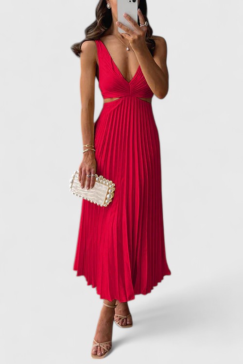 Elegant Strappy Pleated Midi Dress Cut Out Waist