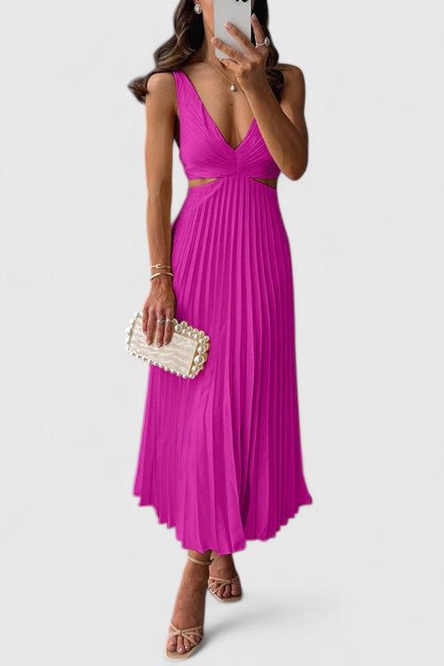 Elegant Strappy Pleated Midi Dress Cut Out Waist