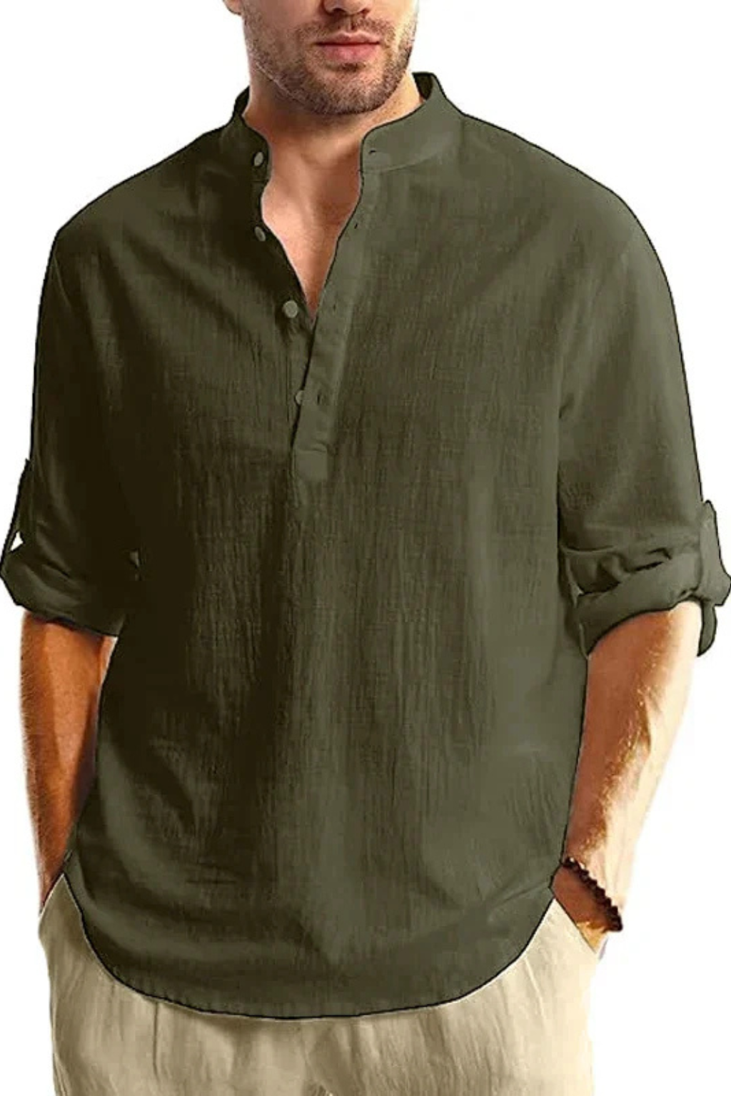 Band Collar Roll Sleeve Popover Casual Linen Shirt