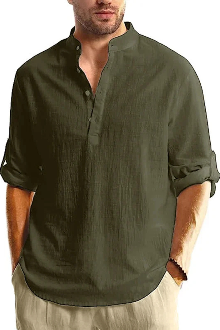 Band Collar Roll Sleeve Popover Casual Linen Shirt