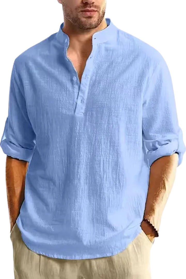 Band Collar Roll Sleeve Popover Casual Linen Shirt