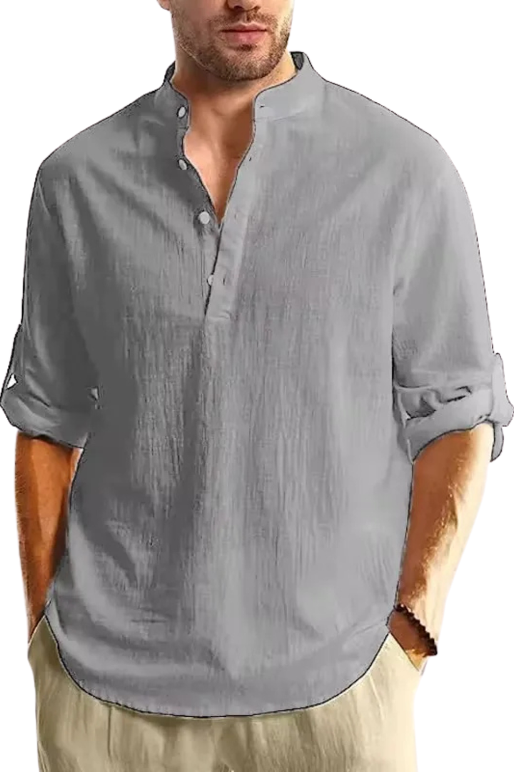 Band Collar Roll Sleeve Popover Casual Linen Shirt
