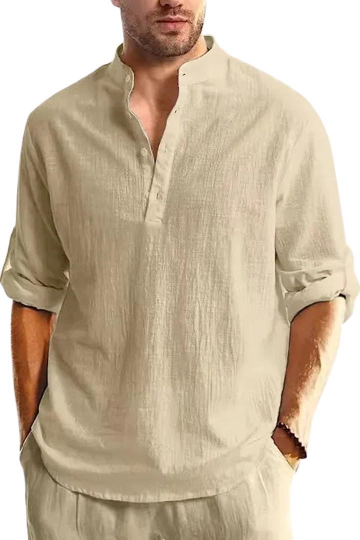 Band Collar Roll Sleeve Popover Casual Linen Shirt