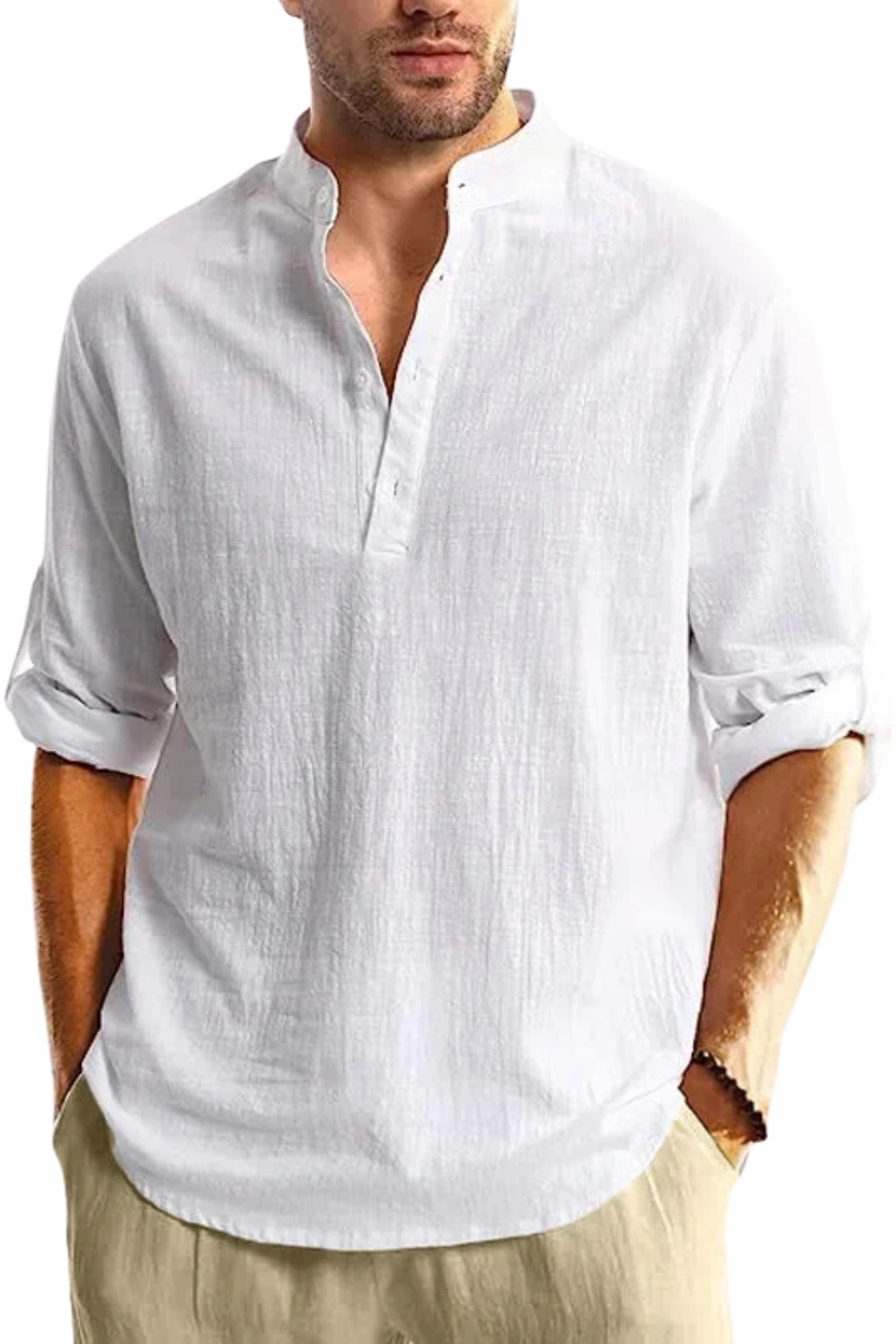 Band Collar Roll Sleeve Popover Casual Linen Shirt