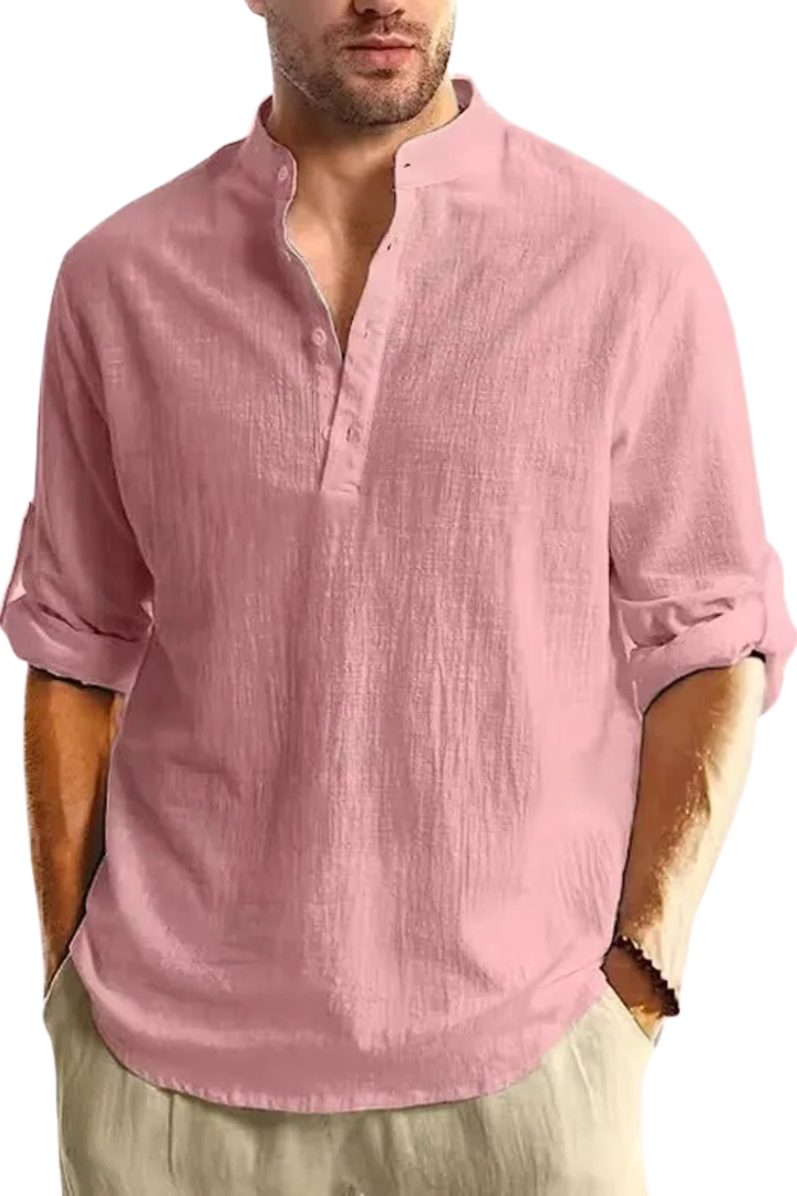 Band Collar Roll Sleeve Popover Casual Linen Shirt