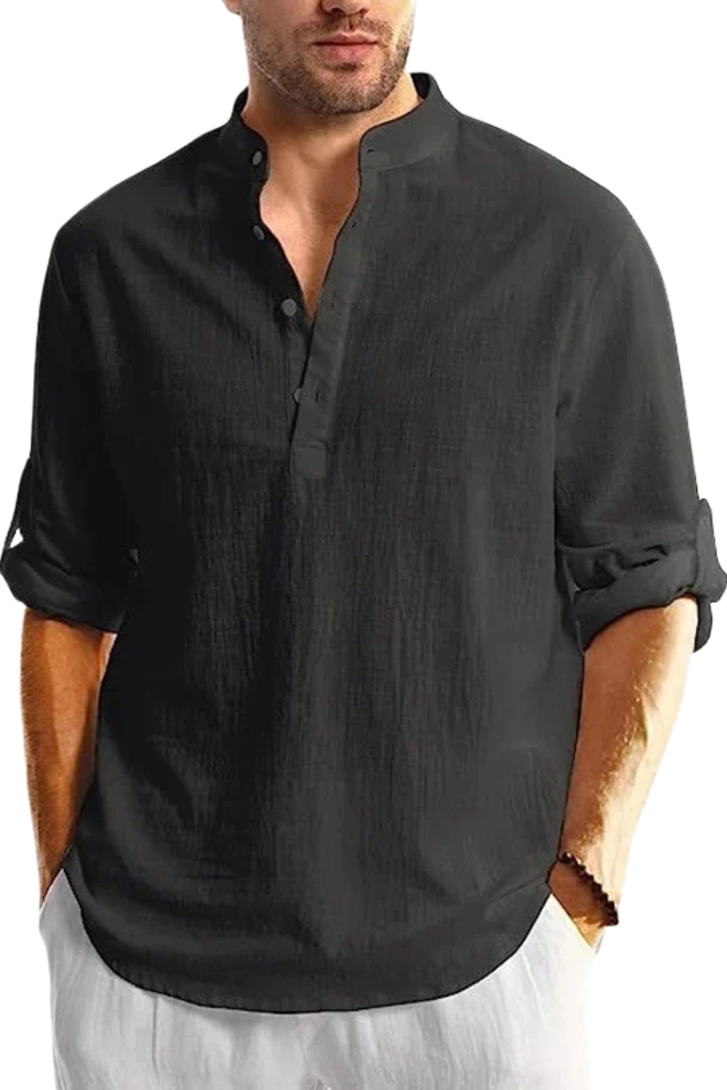 Band Collar Roll Sleeve Popover Casual Linen Shirt