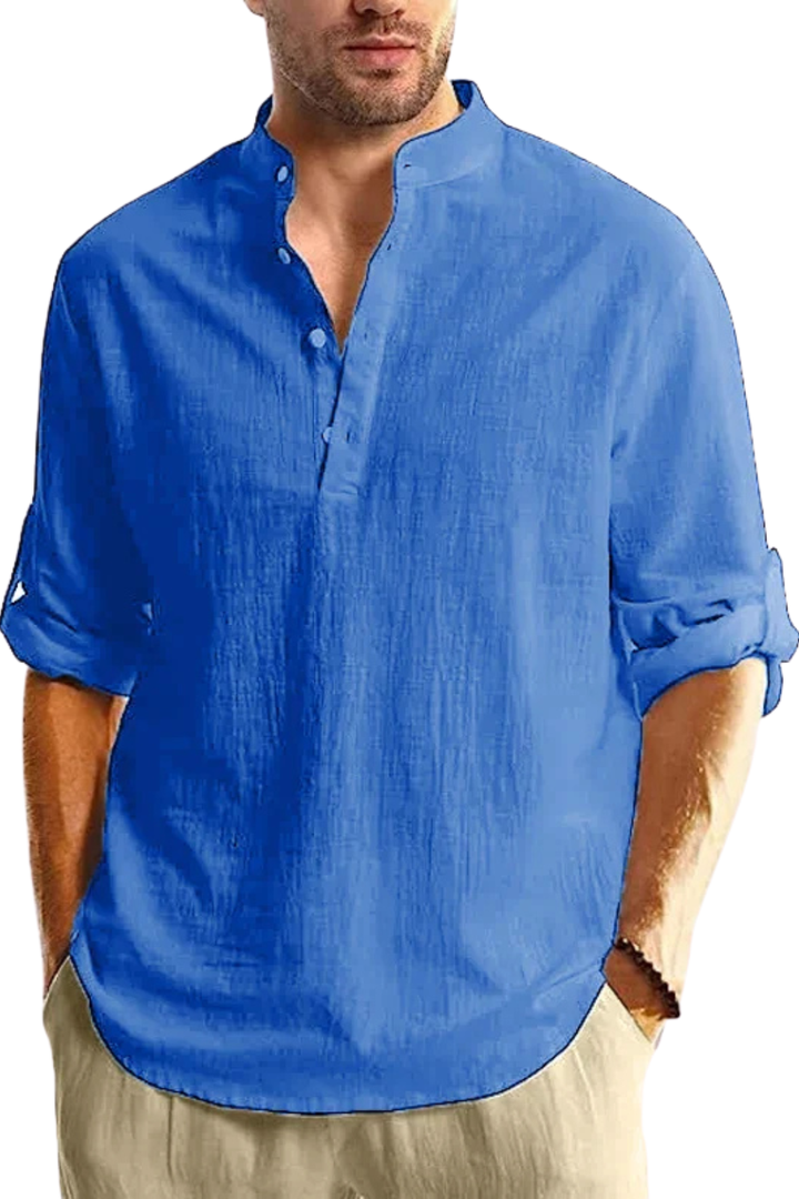Band Collar Roll Sleeve Popover Casual Linen Shirt