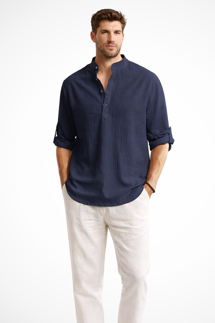 Band Collar Roll Sleeve Popover Casual Linen Shirt